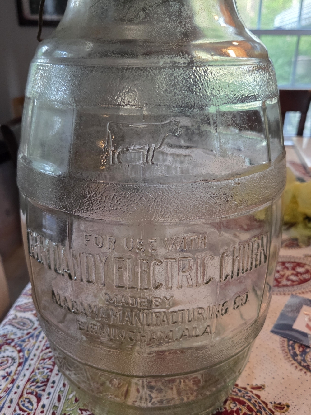 Vintage Glass Churn Jar with Embossed Text